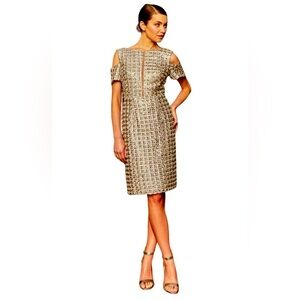 Alexander By Daymor Silver Lace Bateau Sheath Knee Length Dress Size 6 #978